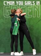 29 June 2023; Heather Payne is presented with her jersey by Republic of Ireland manager Vera Pauw during a Republic of Ireland FIFA Women's World Cup 2023 squad announcement event at O'Reilly Hall in UCD, Dublin. Photo by Stephen McCarthy/Sportsfile