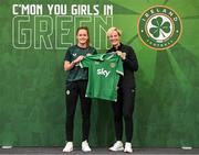 29 June 2023; Heather Payne is presented with her jersey by Republic of Ireland manager Vera Pauw during a Republic of Ireland FIFA Women's World Cup 2023 squad announcement event at O'Reilly Hall in UCD, Dublin. Photo by Stephen McCarthy/Sportsfile