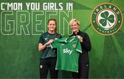 29 June 2023; Heather Payne is presented with her jersey by Republic of Ireland manager Vera Pauw during a Republic of Ireland FIFA Women's World Cup 2023 squad announcement event at O'Reilly Hall in UCD, Dublin. Photo by Stephen McCarthy/Sportsfile