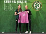 29 June 2023; Goalkeeper Megan Walsh is presented with her jersey by Republic of Ireland manager Vera Pauw during a Republic of Ireland FIFA Women's World Cup 2023 squad announcement event at O'Reilly Hall in UCD, Dublin. Photo by Stephen McCarthy/Sportsfile