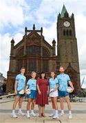 29 June 2023; O'Neills Export Development Manager Cristina McCusker, centre, with ambassadors, from left, Tipperary hurler Bryan O'Mara, Armagh ladies footballer Shauna Grey, Kilkenny Camogie player Steffi Fitzgerald and Derry footballer Conor Glass, at the FRS Recruitment GAA World Games launch at the Guildhall in Derry. Photo by Seb Daly/Sportsfile