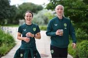 29 June 2023; Ciara Grant, left, and Louise Quinn arrive before a Republic of Ireland FIFA Women's World Cup 2023 squad announcement event at O'Reilly Hall in UCD, Dublin. Photo by Stephen McCarthy/Sportsfile