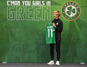 29 June 2023; Katie McCabe is presented with her jersey by Republic of Ireland manager Vera Pauw during a Republic of Ireland FIFA Women's World Cup 2023 squad announcement event at O'Reilly Hall in UCD, Dublin. Photo by Stephen McCarthy/Sportsfile