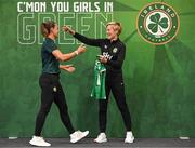 29 June 2023; Katie McCabe is presented with her jersey by Republic of Ireland manager Vera Pauw during a Republic of Ireland FIFA Women's World Cup 2023 squad announcement event at O'Reilly Hall in UCD, Dublin. Photo by Stephen McCarthy/Sportsfile