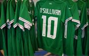 29 June 2023; A view of Republic of Ireland jersey assigned to Denise O'Sullivan before a Republic of Ireland FIFA Women's World Cup 2023 squad announcement event at O'Reilly Hall in UCD, Dublin. Photo by Stephen McCarthy/Sportsfile