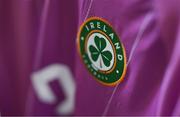 29 June 2023; A detailed view of Republic of Ireland crest before a Republic of Ireland FIFA Women's World Cup 2023 squad announcement event at O'Reilly Hall in UCD, Dublin. Photo by Stephen McCarthy/Sportsfile