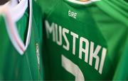 29 June 2023; A view of Republic of Ireland jersey assigned to Chloe Mustaki before a Republic of Ireland FIFA Women's World Cup 2023 squad announcement event at O'Reilly Hall in UCD, Dublin. Photo by Stephen McCarthy/Sportsfile