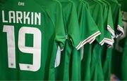 29 June 2023; A view of Republic of Ireland jersey assigned to Abbie Larkin before a Republic of Ireland FIFA Women's World Cup 2023 squad announcement event at O'Reilly Hall in UCD, Dublin. Photo by Stephen McCarthy/Sportsfile