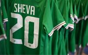 29 June 2023; A view of Republic of Ireland jersey assigned to Marissa Sheva before a Republic of Ireland FIFA Women's World Cup 2023 squad announcement event at O'Reilly Hall in UCD, Dublin. Photo by Stephen McCarthy/Sportsfile