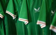 29 June 2023; A detailed view of Republic of Ireland jerseys before a Republic of Ireland FIFA Women's World Cup 2023 squad announcement event at O'Reilly Hall in UCD, Dublin. Photo by Stephen McCarthy/Sportsfile
