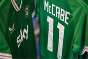 29 June 2023; A view of Republic of Ireland jersey assigned to Katie McCabe before a Republic of Ireland FIFA Women's World Cup 2023 squad announcement event at O'Reilly Hall in UCD, Dublin. Photo by Stephen McCarthy/Sportsfile