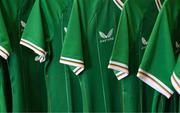 29 June 2023; A detailed view of Republic of Ireland jerseys before a Republic of Ireland FIFA Women's World Cup 2023 squad announcement event at O'Reilly Hall in UCD, Dublin. Photo by Stephen McCarthy/Sportsfile