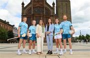 29 June 2023; FRS Recruitment's Lynne McCormack, left, and Ninamh Kavanagh, with ambassadors, from left, Tipperary hurler Bryan O'Mara, Armagh ladies footballer Shauna Grey, Kilkenny Camogie player Steffi Fitzgerald and Derry footballer Conor Glass during the FRS Recruitment GAA World Games launch at the Guildhall in Derry. Photo by Seb Daly/Sportsfile