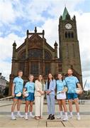 29 June 2023; FRS Recruitment's Lynne McCormack, left, and Ninamh Kavanagh, with ambassadors, from left, Tipperary hurler Bryan O'Mara, Armagh ladies footballer Shauna Grey, Kilkenny Camogie player Steffi Fitzgerald and Derry footballer Conor Glass during the FRS Recruitment GAA World Games launch at the Guildhall in Derry. Photo by Seb Daly/Sportsfile