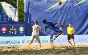29 June 2023; Marxco Giordani of Italy shoots to score his side's fourth goal during the Men's Beach Soccer group stages match between Italy and Switzerland at the Tarnów Beach Arena during the European Games 2023 in Poland.. Photo by Tyler Miller/Sportsfile