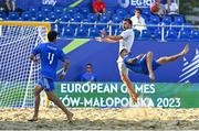29 June 2023; Emmanuele Zurlo of Italy in action against Noel Ott of Switzerland during the Men's Beach Soccer group stages match between Italy and Switzerland at the Tarnów Beach Arena during the European Games 2023 in Poland.. Photo by Tyler Miller/Sportsfile