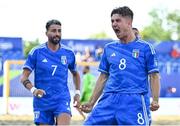29 June 2023; Tommaso Fazzini of Italy, right, celebrates with teammates after scoring his side's first goal during the Men's Beach Soccer group stages match between Italy and Switzerland at the Tarnów Beach Arena during the European Games 2023 in Poland.. Photo by Tyler Miller/Sportsfile