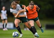 29 June 2023; Kyra Carusa, left, with Harriet Scott during a Republic of Ireland women training session at UCD Bowl in Dublin. Photo by Stephen McCarthy/Sportsfile