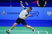 29 June 2023; Joshua Magee of Ireland in action against Anders Skaarup Rasmussen and Kim Astrup of Denmark during the badminton Men's Doubles quarter final at the Jaskolka Arena during the European Games 2023 in Poland.. Photo by Tyler Miller/Sportsfile