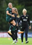 29 June 2023; Katie McCabe, left, with goalkeeper Grace Moloney during a Republic of Ireland women training session at UCD Bowl in Dublin. Photo by Stephen McCarthy/Sportsfile