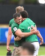 29 June 2023; Ireland players Brian Gleeson, left, and Harry West celebrate after the U20 Rugby World Cup match between Australia and Ireland at Paarl Gymnasium in Paarl, South Africa. Photo by Thinus Maritz/Sportsfile