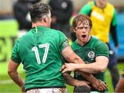 29 June 2023; Ireland players George Morris, 17, and Henry McErlean celebrate after the U20 Rugby World Cup match between Australia and Ireland at Paarl Gymnasium in Paarl, South Africa. Photo by Thinus Maritz/Sportsfile