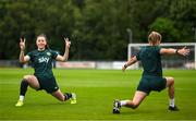 30 June 2023; Lucy Quinn, left, and Ruesha Littlejohn during a Republic of Ireland women training session at UCD Bowl in Dublin. Photo by Stephen McCarthy/Sportsfile