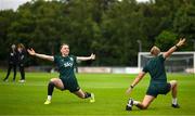 30 June 2023; Lucy Quinn, left, and Ruesha Littlejohn during a Republic of Ireland women training session at UCD Bowl in Dublin. Photo by Stephen McCarthy/Sportsfile