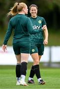 30 June 2023; Niamh Fahey, right, and Amber Barrett during a Republic of Ireland women training session at UCD Bowl in Dublin. Photo by Stephen McCarthy/Sportsfile