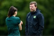 30 June 2023; Republic of Ireland assistant manager Tom Elmes, right, with Lucy Quinn during a Republic of Ireland women training session at UCD Bowl in Dublin. Photo by Stephen McCarthy/Sportsfile