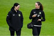 30 June 2023; Republic of Ireland masseuse Suzie Coffey, left, and physiotherapist Kim van Wijk during a Republic of Ireland women training session at UCD Bowl in Dublin. Photo by Stephen McCarthy/Sportsfile