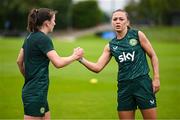 30 June 2023; Katie McCabe, right, and Niamh Fahey during a Republic of Ireland women training session at UCD Bowl in Dublin. Photo by Stephen McCarthy/Sportsfile
