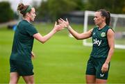 30 June 2023; Katie McCabe, right, and Claire O'Riordan during a Republic of Ireland women training session at UCD Bowl in Dublin. Photo by Stephen McCarthy/Sportsfile