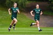 30 June 2023; Chloe Mustaki, left, and Ciara Grant during a Republic of Ireland women training session at UCD Bowl in Dublin. Photo by Stephen McCarthy/Sportsfile