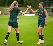 30 June 2023; Katie McCabe, right, and Megan Connolly during a Republic of Ireland women training session at UCD Bowl in Dublin. Photo by Stephen McCarthy/Sportsfile