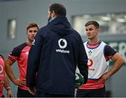30 June 2023; Captain Jonathan Sexton, right, and Jack Crowley listen to head coach Andy Farrell during Ireland rugby squad training at the IRFU High Performance Centre on the Sport Ireland Campus in Dublin. Photo by Brendan Moran/Sportsfile