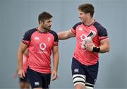 30 June 2023; Ross Byrne, left, and Joe McCarthy during Ireland rugby squad training at the IRFU High Performance Centre on the Sport Ireland Campus in Dublin. Photo by Brendan Moran/Sportsfile