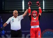 30 June 2023; Jodie Browne of Ireland celebrates after being declared the winner against Lara Mihalic of Croatia in their Kickboxing Women's Point Fighting 70kg quarter final bout at the Myslenice Arena during the European Games 2023 in Poland.. Photo by Tyler Miller/Sportsfile