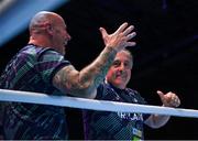 30 June 2023; Coaches Zaur Anita, right, and Damien Kennedy celebrate after Jack Marley of Ireland was declared victorious over Enmanuel Reyes of Spain in their Men's 92kg semi final bout at the Nowy Targ Arena during the European Games 2023 in Krakow, Poland. Photo by David Fitzgerald/Sportsfile