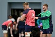 30 June 2023; Gavin Coombes, left, and Jack Crowley during Ireland rugby squad training at the IRFU High Performance Centre on the Sport Ireland Campus in Dublin. Photo by Brendan Moran/Sportsfile