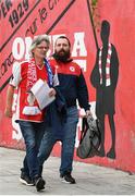 30 June 2023; St Patrick's Athletic supporters Liam Temple, left, and Eoin O'Callaghan before the SSE Airtricity Men's Premier Division match between St Patrick's Athletic and UCD at Richmond Park in Dublin. Photo by Stephen Marken/Sportsfile