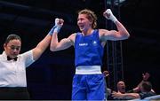 30 June 2023; Aoife O'Rourke of Ireland, left, celebrates as she is declared victorious over Elzbieta Wójcik of Poland after their Women's 75kg semi final bout at the Nowy Targ Arena during the European Games 2023 in Krakow, Poland. Photo by David Fitzgerald/Sportsfile