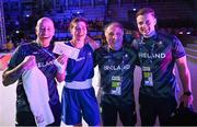 30 June 2023; Aoife O'Rourke of Ireland celebrates with her 'ticket to Paris' and coaches, from left, Damien Kennedy, Zaur Anita and Eoin Pluck after defeating Elzbieta Wójcik of Poland in their Women's 75kg semi final bout at the Nowy Targ Arena during the European Games 2023 in Krakow, Poland. Photo by David Fitzgerald/Sportsfile