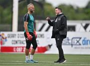 30 June 2023; Shamrock Rovers manager Stephen Bradley, right, and Shamrock Rovers goalkeeper Alan Mannus before the SSE Airtricity Men's Premier Division match between Dundalk and Shamrock Rovers at Oriel Park in Dundalk, Louth. Photo by Ben McShane/Sportsfile