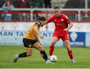 30 June 2023; Jack Moylan of Shelbourne in action against Adam O'Reilly of Derry City during the SSE Airtricity Men's Premier Division match between Shelbourne and Derry City at Tolka Park in Dublin. Photo by Michael P Ryan/Sportsfile