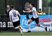 30 June 2023; Louie Annesley of Dundalk celebrates after scoring his side's first goal during the SSE Airtricity Men's Premier Division match between Dundalk and Shamrock Rovers at Oriel Park in Dundalk, Louth. Photo by Ben McShane/Sportsfile