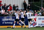30 June 2023; Louie Annesley of Dundalk, left, celebrates with teammate Robbie McCourt after scoring his side's first goal during the SSE Airtricity Men's Premier Division match between Dundalk and Shamrock Rovers at Oriel Park in Dundalk, Louth. Photo by Ben McShane/Sportsfile