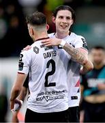 30 June 2023; Louie Annesley, right, and Archie Davies of Dundalk celebrate after the SSE Airtricity Men's Premier Division match between Dundalk and Shamrock Rovers at Oriel Park in Dundalk, Louth. Photo by Ben McShane/Sportsfile