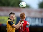 30 June 2023; Cameron Dummigan of Derry City in action against Shane Farrell of Shelbourne during the SSE Airtricity Men's Premier Division match between Shelbourne and Derry City at Tolka Park in Dublin. Photo by Michael P Ryan/Sportsfile