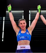 1 July 2023; Amy Wall of Ireland celebrates after being declared victorious over Kinga Szlachcic of Poland in their Women's Full Contact 60kg semi final bout at the Myslenice Arena during the European Games 2023 in Krakow, Poland. Photo by David Fitzgerald/Sportsfile